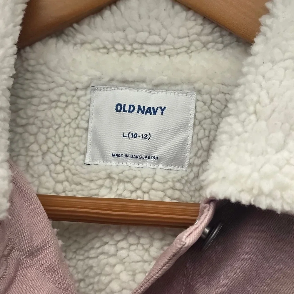 Old Navy Kids Pink Sherpa Lined Denim Trucker Jacket Size L 10-12 Dusty Rose